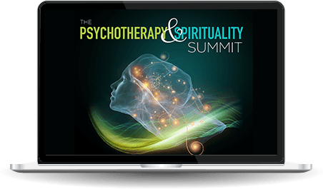 Laptop with the Psychotherapy and Spirituality Summit logo on the screen